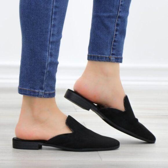Suede Black Pointy Toe Slip On Mule Loafer - Picture 3 of 12